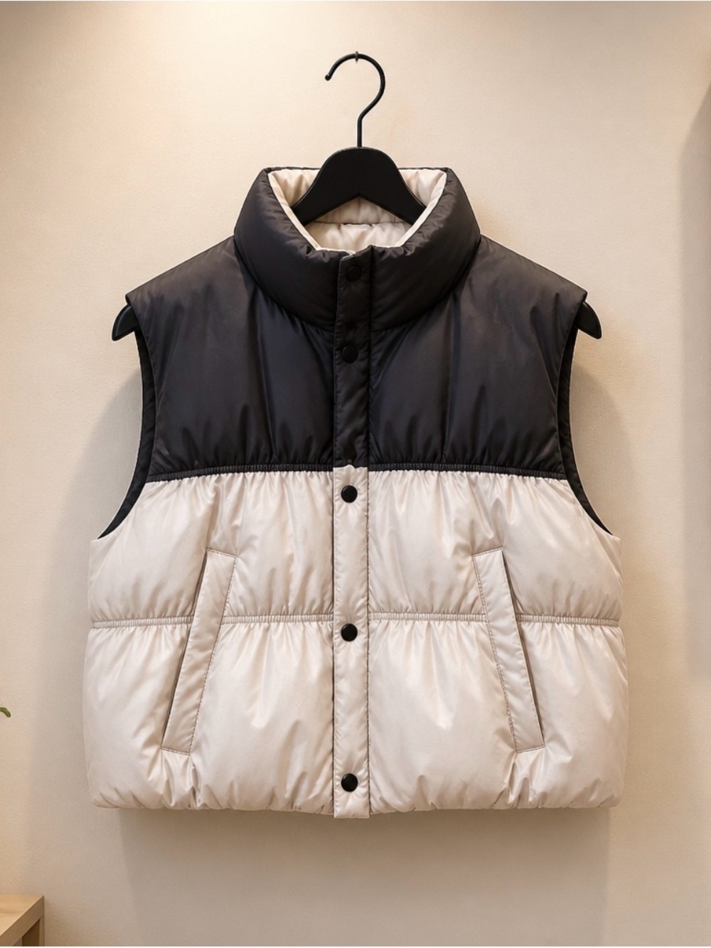 Divided Two-Tone Quilted Vest in Black and Cream